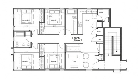 Floor plan for 4 beds, 2 baths, 1350 sqft